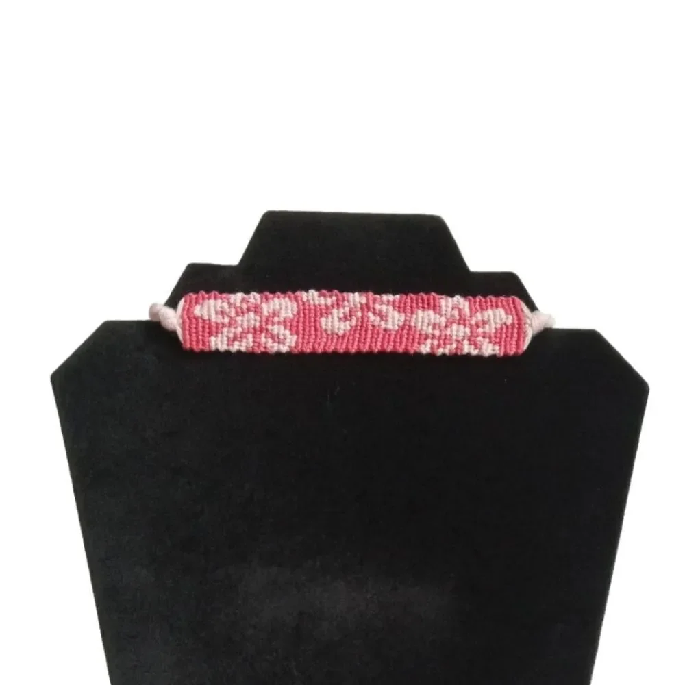 Handmade Shades of Pink Adjustable Sliding Knot Flat Alpha Flower Motif Bracelet
